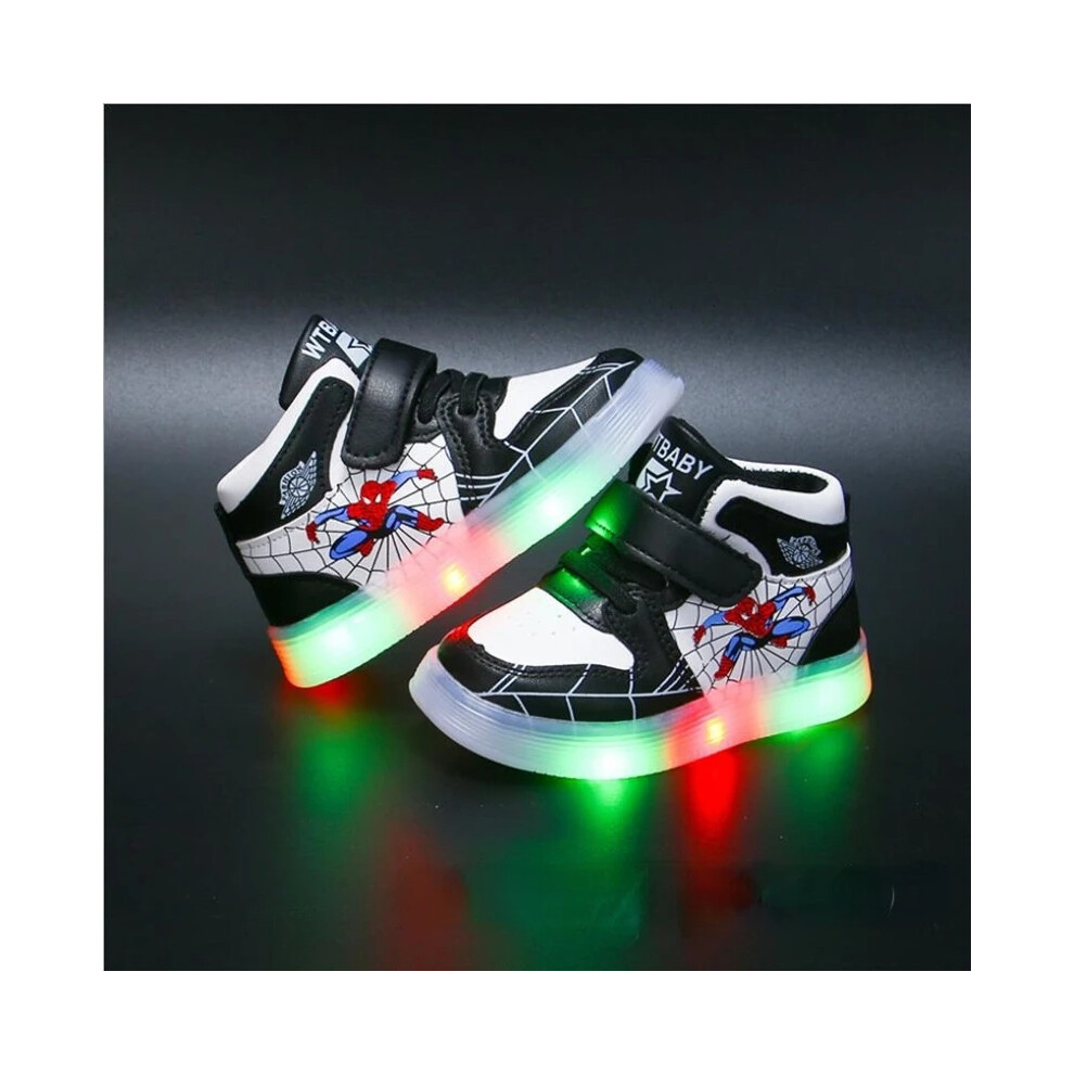 (Black, 25 (Inner 15cm)) Children's Led Light Shoes Fashion Aoger Spiderman Boys Sneakers Girls Cartoon Casual Shoes