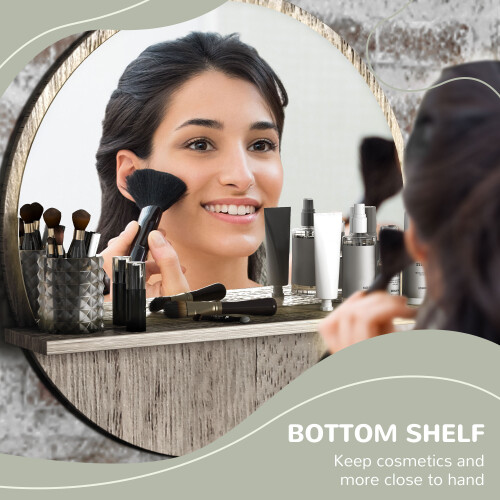 kleankin Round Mirror for Wall Makeup Mirror with Shelf Grey Wood Effect 2