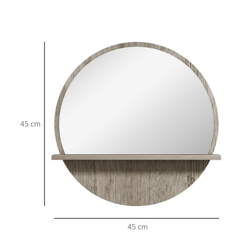 kleankin Round Mirror for Wall Makeup Mirror with Shelf Grey Wood Effect 1