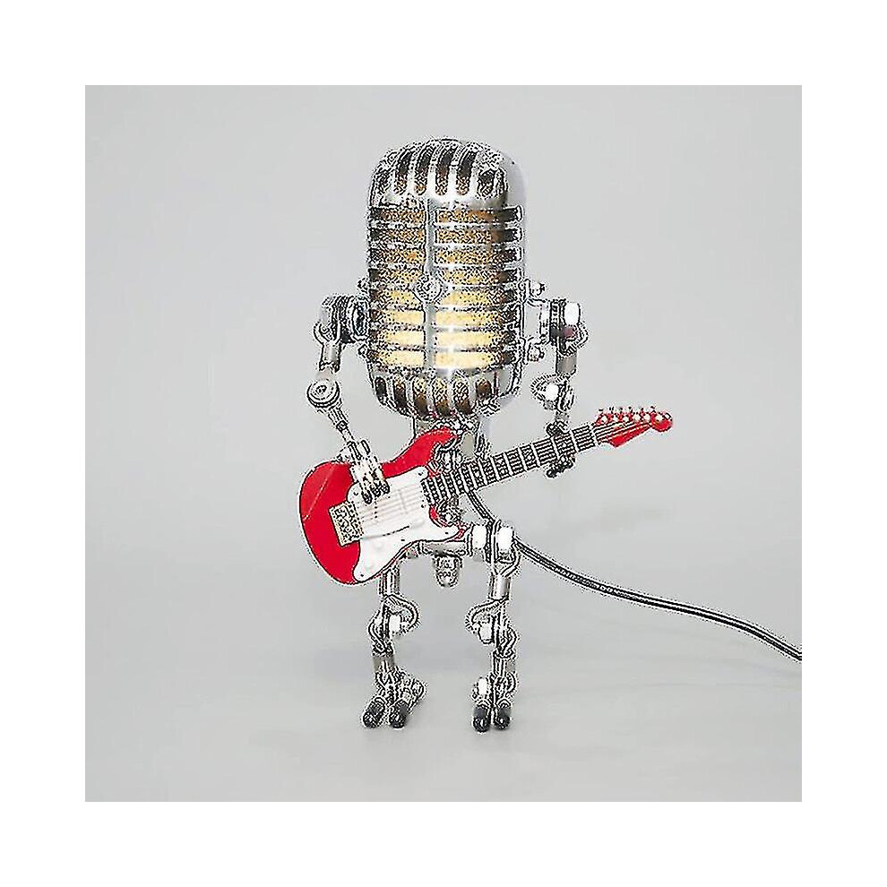 (Red) Retro Style Microphone Robot Lamp Holding Guitare Vintage, Robot Desk Lamp With A Guitar With Led, For Bedrooms, Bar, Restaurant