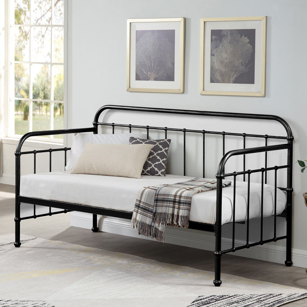 (Black, No Trundle) Ickleford Industrial Living Room Bedroom Metal Day Bed Frame w Optional Guest Trundle