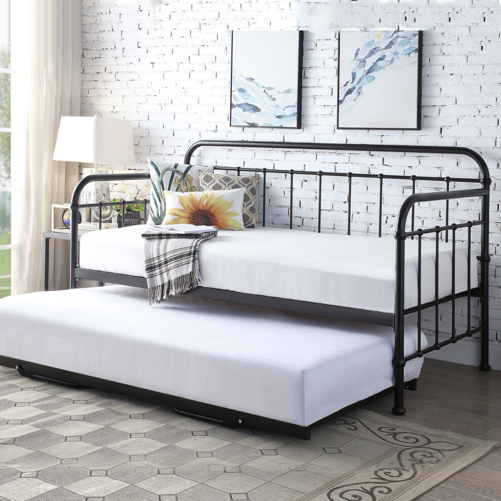 (Black, Trundle) Ickleford Industrial Living Room Bedroom Metal Day Bed Frame w Optional Guest Trundle