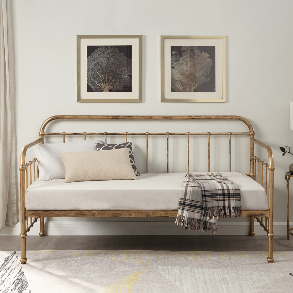 (Brass, No Trundle) Ickleford Industrial Living Room Bedroom Metal Day Bed Frame w Optional Guest Trundle