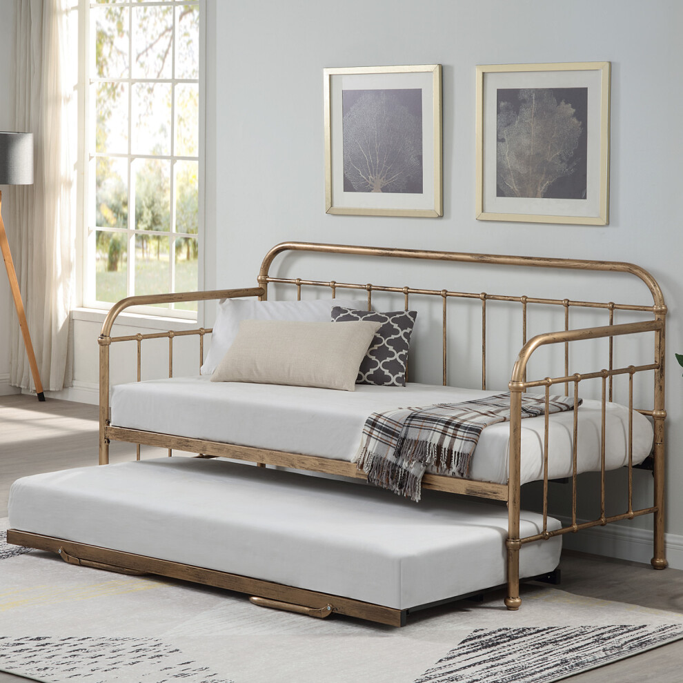 (Brass, Trundle) Ickleford Industrial Living Room Bedroom Metal Day Bed Frame w Optional Guest Trundle