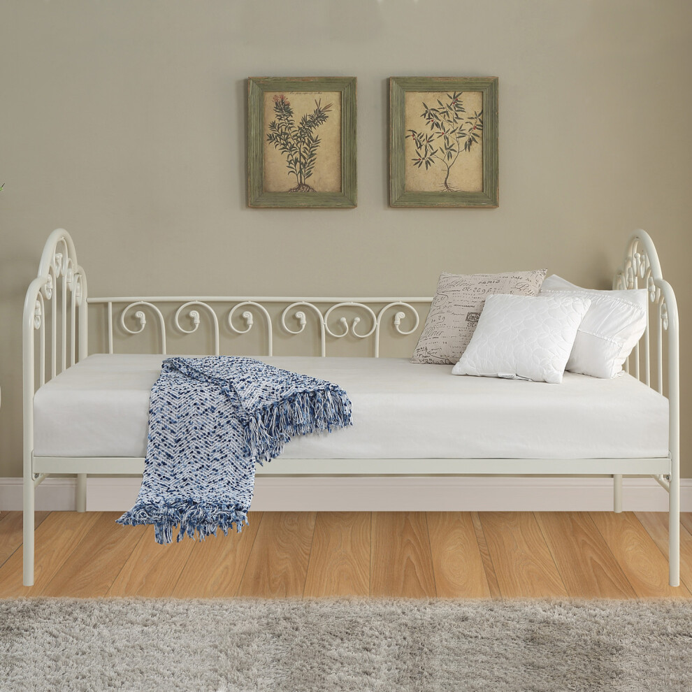 (White, No Trundle) Knebworth French Shabby Chic Living Room Bedroom Metal Day Bed Frame w Optional Trundle