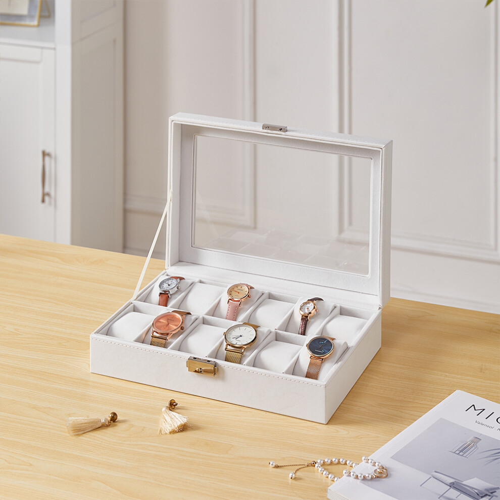 12-Slot White Synthetic Leather Watch Display Box with Glass Lid