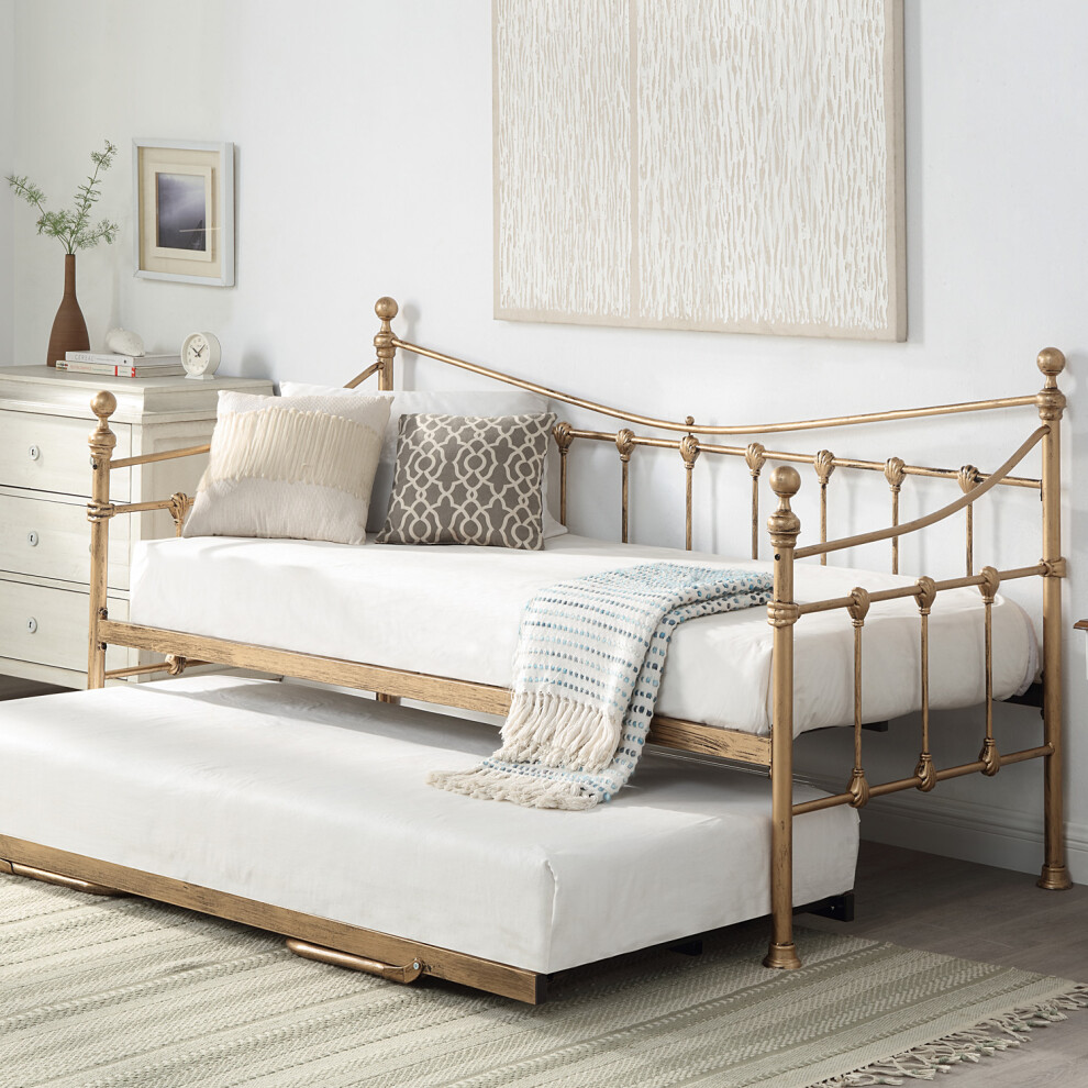(Brass, Trundle) Newnham Classic Victorian Style Living Room Bedroom Metal Day Bed Frame w Optional Trundle