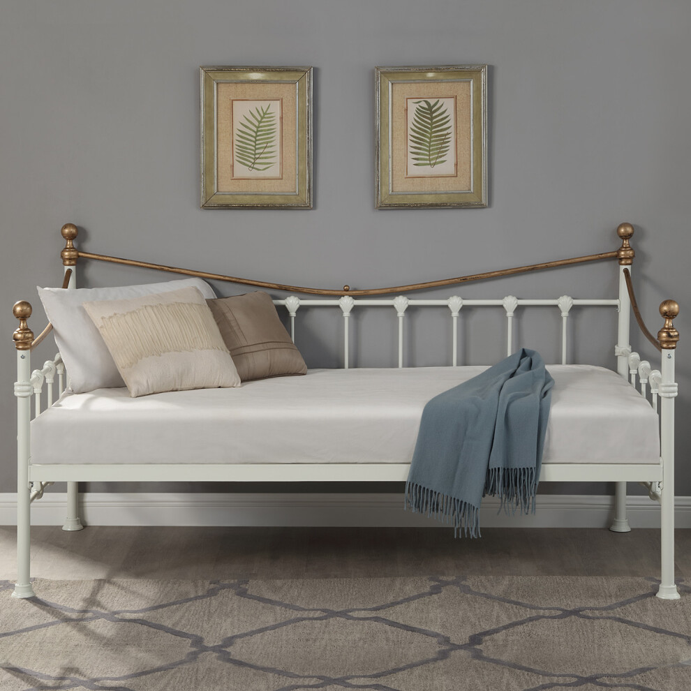 (White, No Trundle) Newnham Classic Victorian Style Living Room Bedroom Metal Day Bed Frame W Optional Trundle