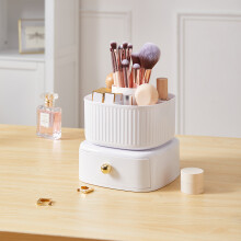 White Swivel Makeup Organizer Bathroom Tabletop Compact Makeup Brush Container Bin Cosmetic Organizer with Drawer Office Supplies Organizer