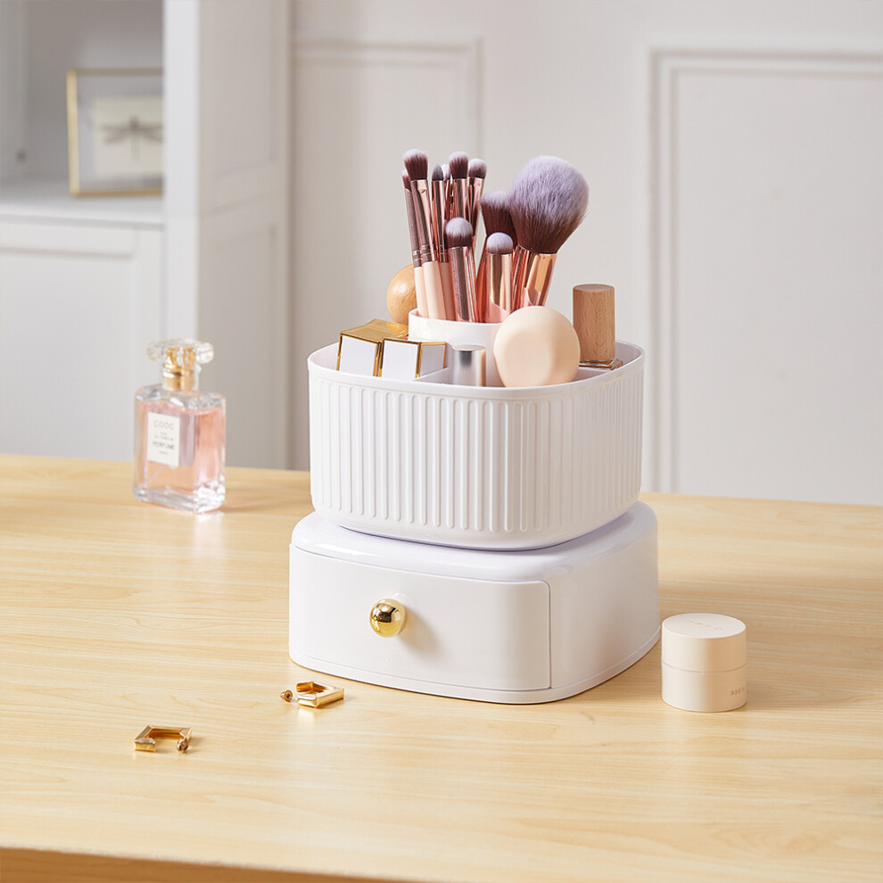 White Swivel Makeup Organizer Bathroom Tabletop Compact Makeup Brush Container Bin Cosmetic Organizer with Drawer Office Supplies Organizer