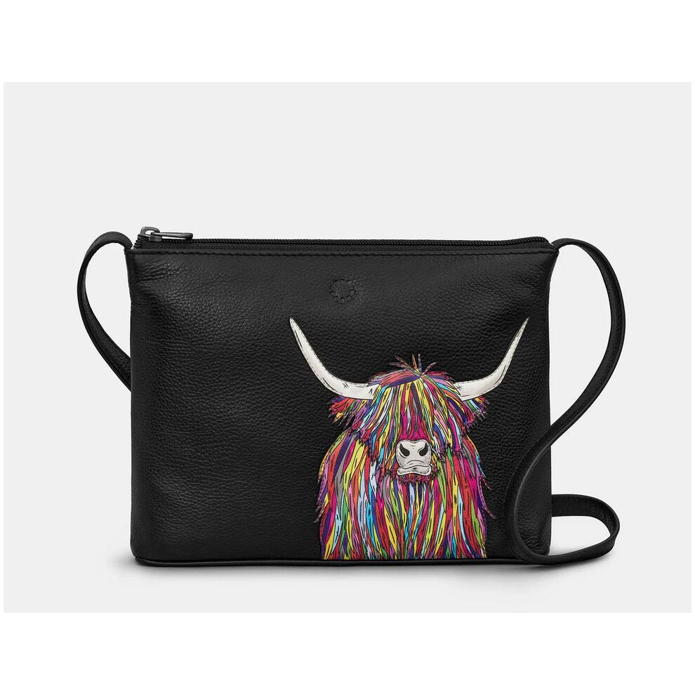 Black Leather Rainbow Scottish Highland Cow Cross Body Bag