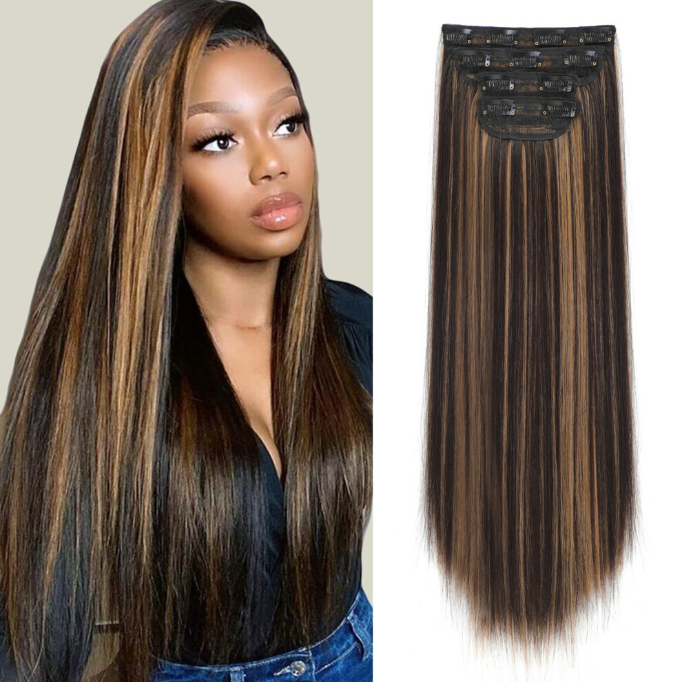 (4H27, 20inches) 4Sets 11 Clips In Long Wavy Synthetic Hair Extension 20Inch Black 4Pcs 180g Thick Hairpieces