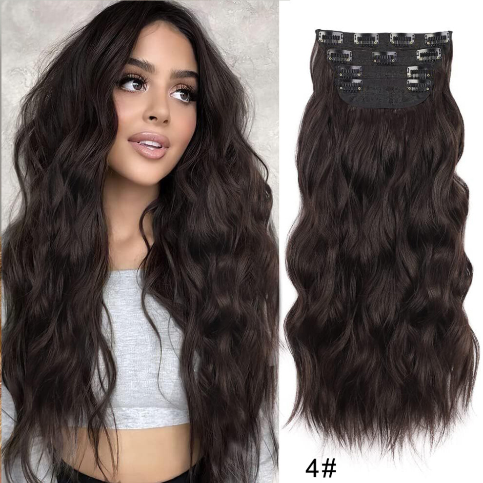 (4b, 20inches) 4Sets 11 Clips In Long Wavy Synthetic Hair Extension 20Inch Black 4Pcs 180g Thick Hairpieces