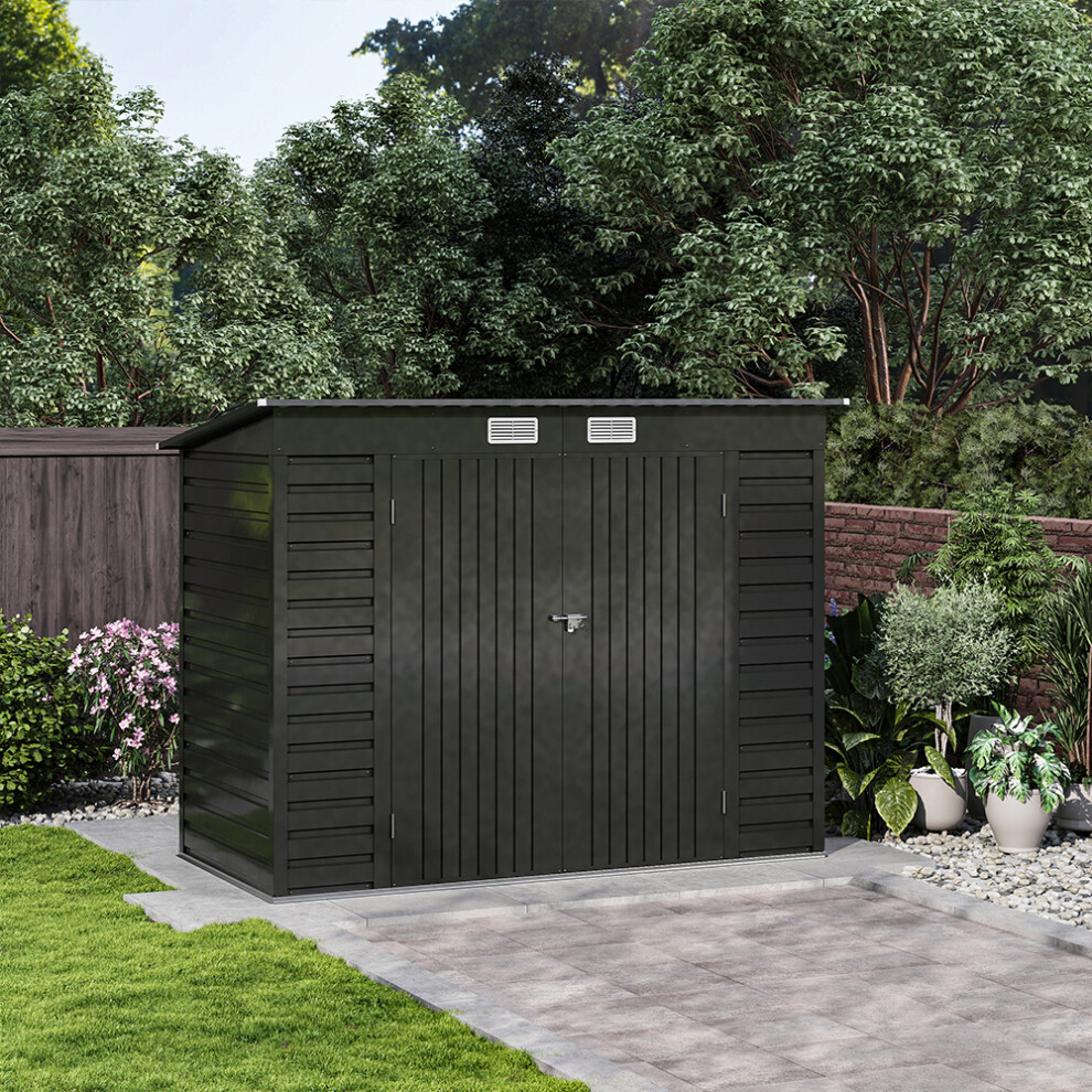 Outdoor Double Lockable Door Galvanized Steel Storage Shed, Charcoal Black