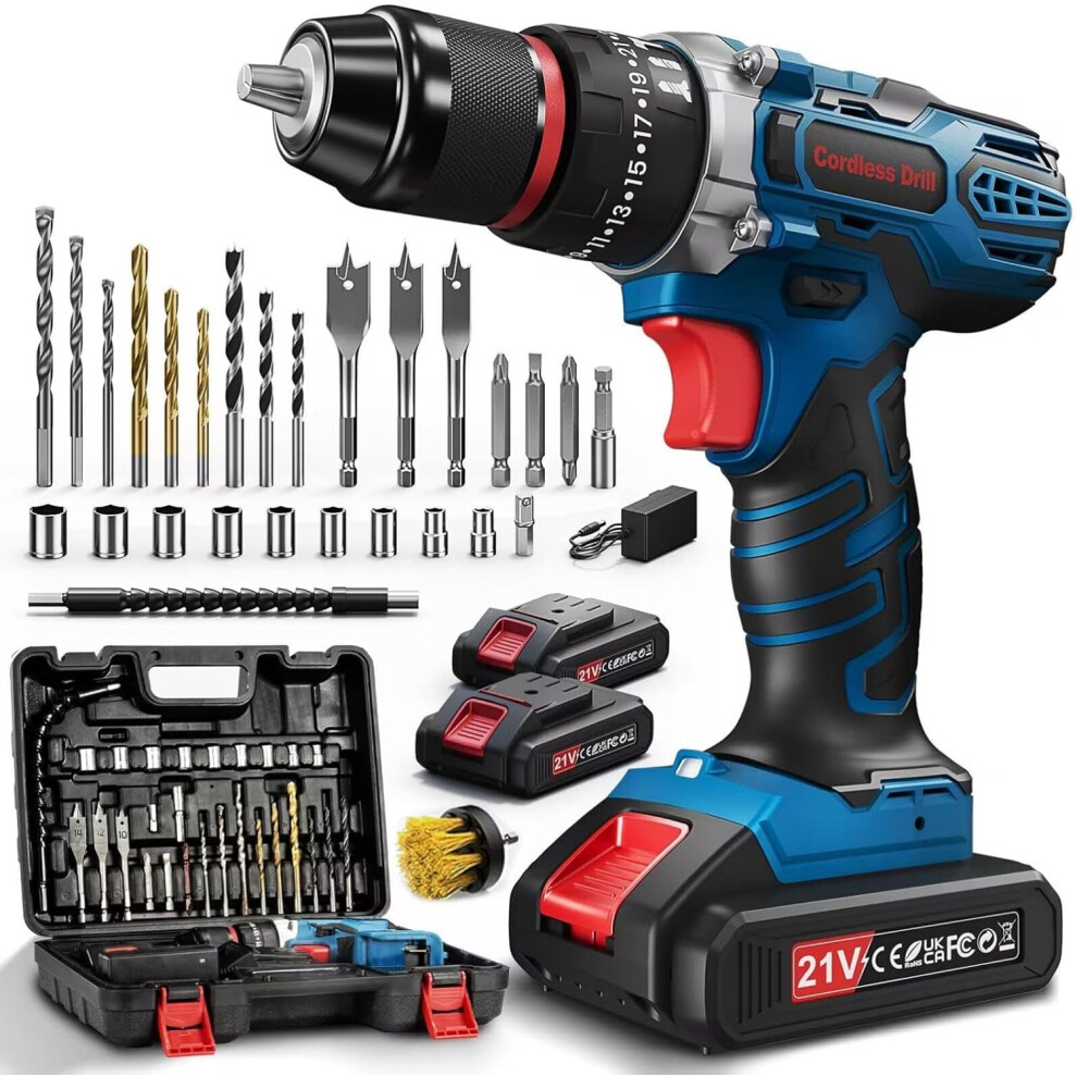 (Blue With Impact) Cordless Drill 20V, Battery Drill with 2 Batteries 2.0Ah, 42Nm Power Electric Drills Cordless, 25 1 Torque, 89 PCS Cordless Drill and Screwdriver Set