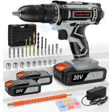 (Grey With Expansion Screw) Cordless Drill 20V, Battery Drill with 2 Batteries 2.0Ah, 42Nm Power Electric Drills Cordless, 25 1 Torque, 89 PCS Cordless Drill and Screwdriver Set