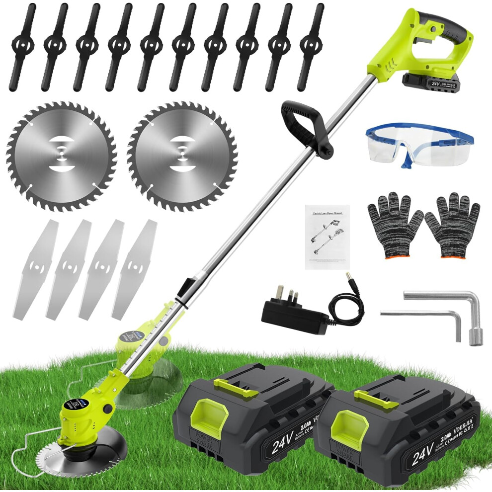24V Metal Blade Strimmer, Telescopic Cordless Strimmer, 2x2000mAh Battery with 6xMetal Blades & 10xPlastic Blades, Electric Grass Strimmer