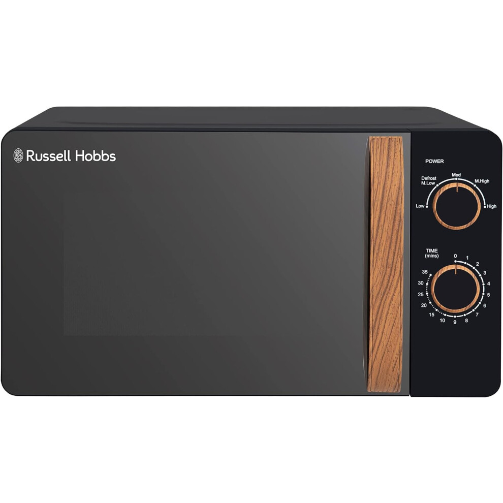 (Black) 17L 700w Compact Black Manual Microwave with 5 Power Levels, Wood Effect Handle and Dial, Timer, Defrost Setting, Easy to Clean
