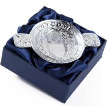 Mini Scottish Pewter Toasting Bowl Quaich " Welcome Beloved Child "
