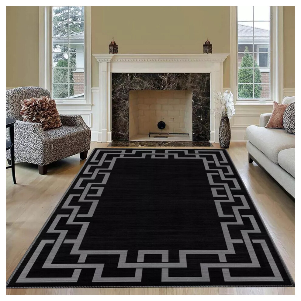 (120 x 170 cm (4ft x 5ft 5")- Area Rug) Printed Black Rugs Living Room Kitchen Carpets Geometric Floor Area Rug Door Mats