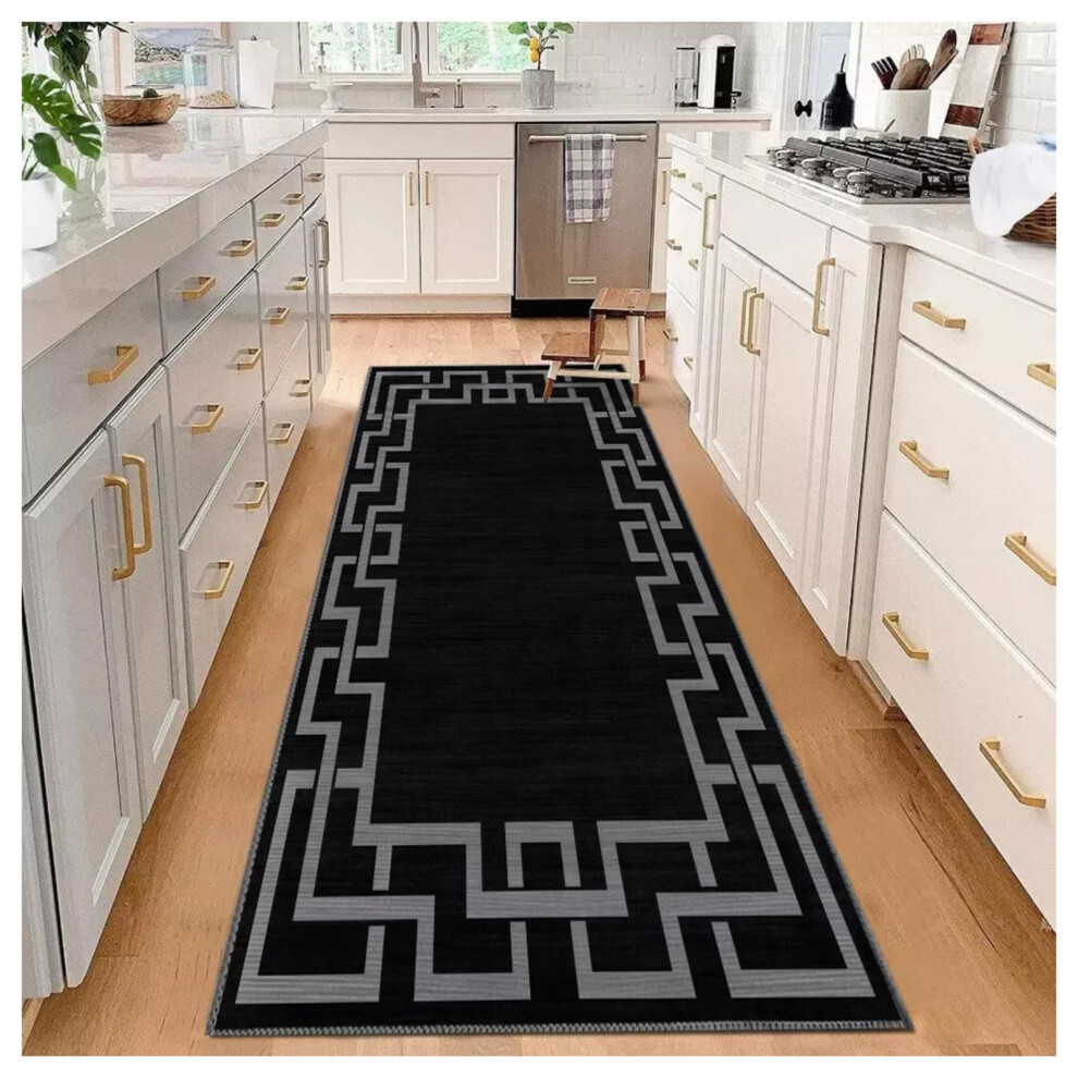 (80 x 300 cm (2ft 8" x 10ft)- Extra Large Hallway Runner Rug) Non-Slip Black Rugs Runner Carpet Door & Bath Mats