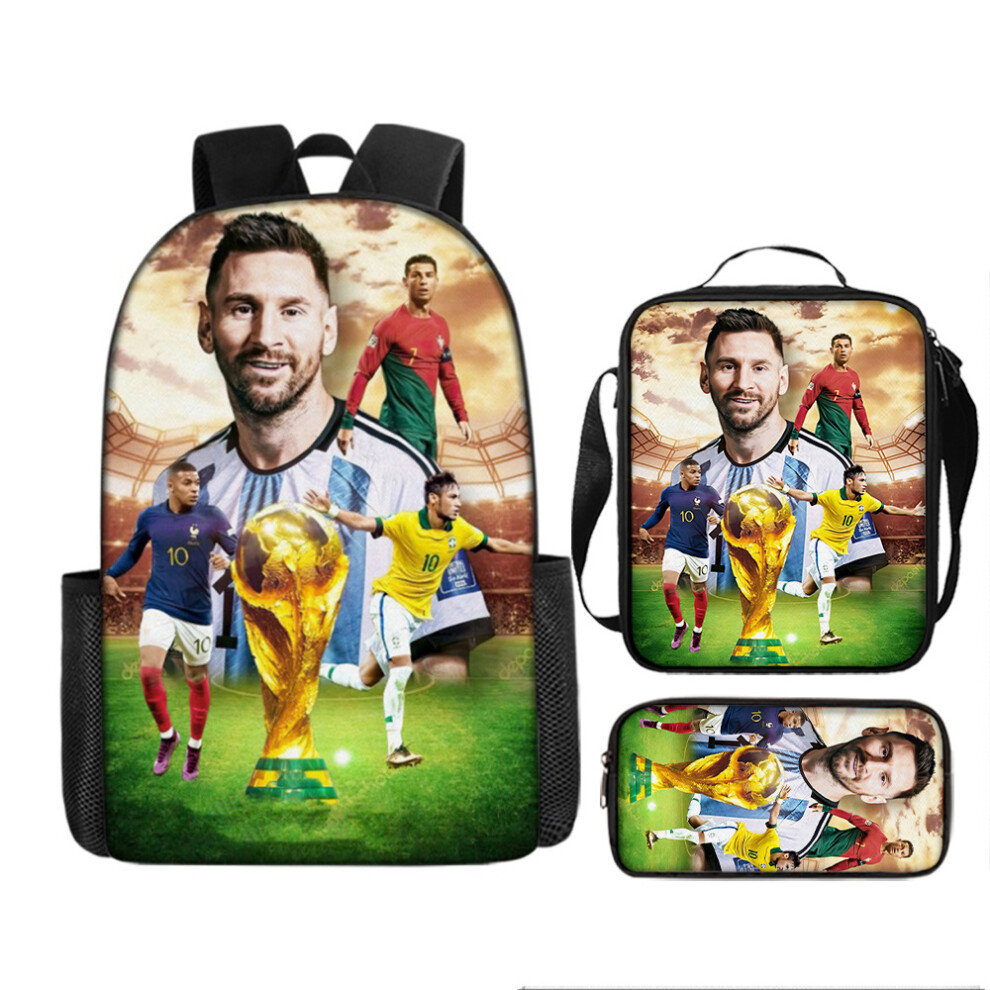 (14) 3Pcs Boys Girls Neymar Ronaldo Messi Backpack Lunch Bag Pencil Case Schoolbag