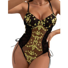 (M) Lingerie Bodysuit One Piece Leotard Floral Teddy Mesh Bodysuit With Underwire Lace Up Embroidered Top Lingerie