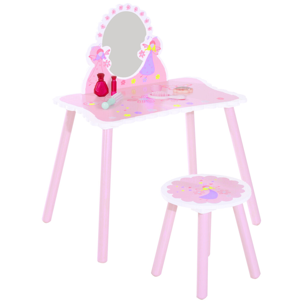 HOOMCOM Girls Kids Pink Dressing Table Make Up Play Set Desk Chair Mirror Wooden