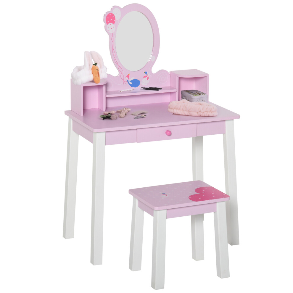 HOMCOM Kids Dressing Table and Stool Set Make Up Desk with Storage (Pink)