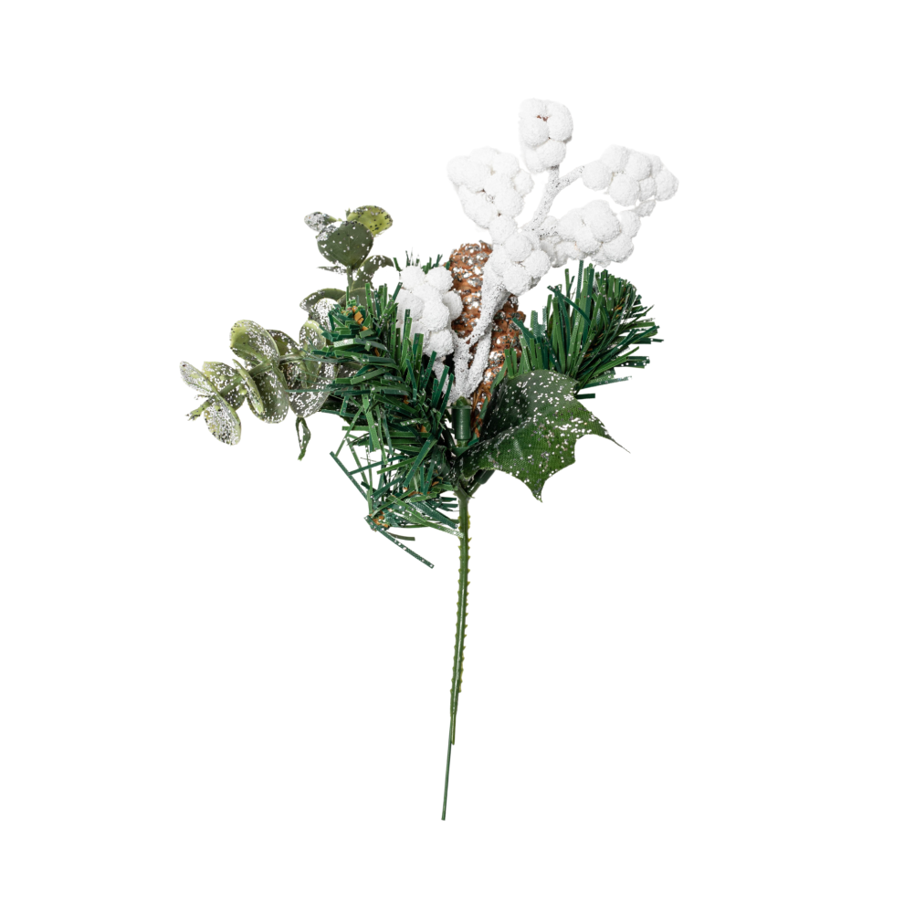 20cm Christmas Eucalyptus Pick with White Frosted Berries and Pinecone