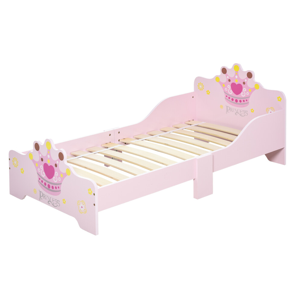 Kids Wooden Princess Crown & Flower Single Bed With Safety Side Rails Slats Pink