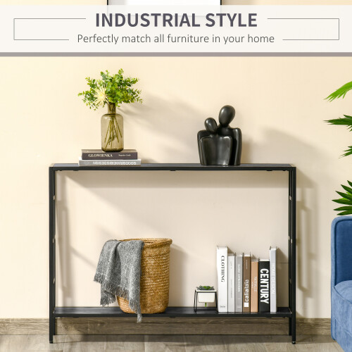 Homcom HOMCOM Industrial Console Table w/ Storage Shelf Black Metal Frame Grey 2