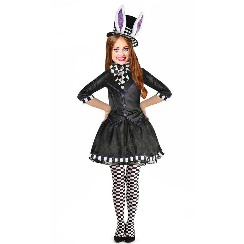 Alice in Wonderland Girls Kids Mad Hatter 4 Piece Outfit for Fancy Dress (11-12 years)