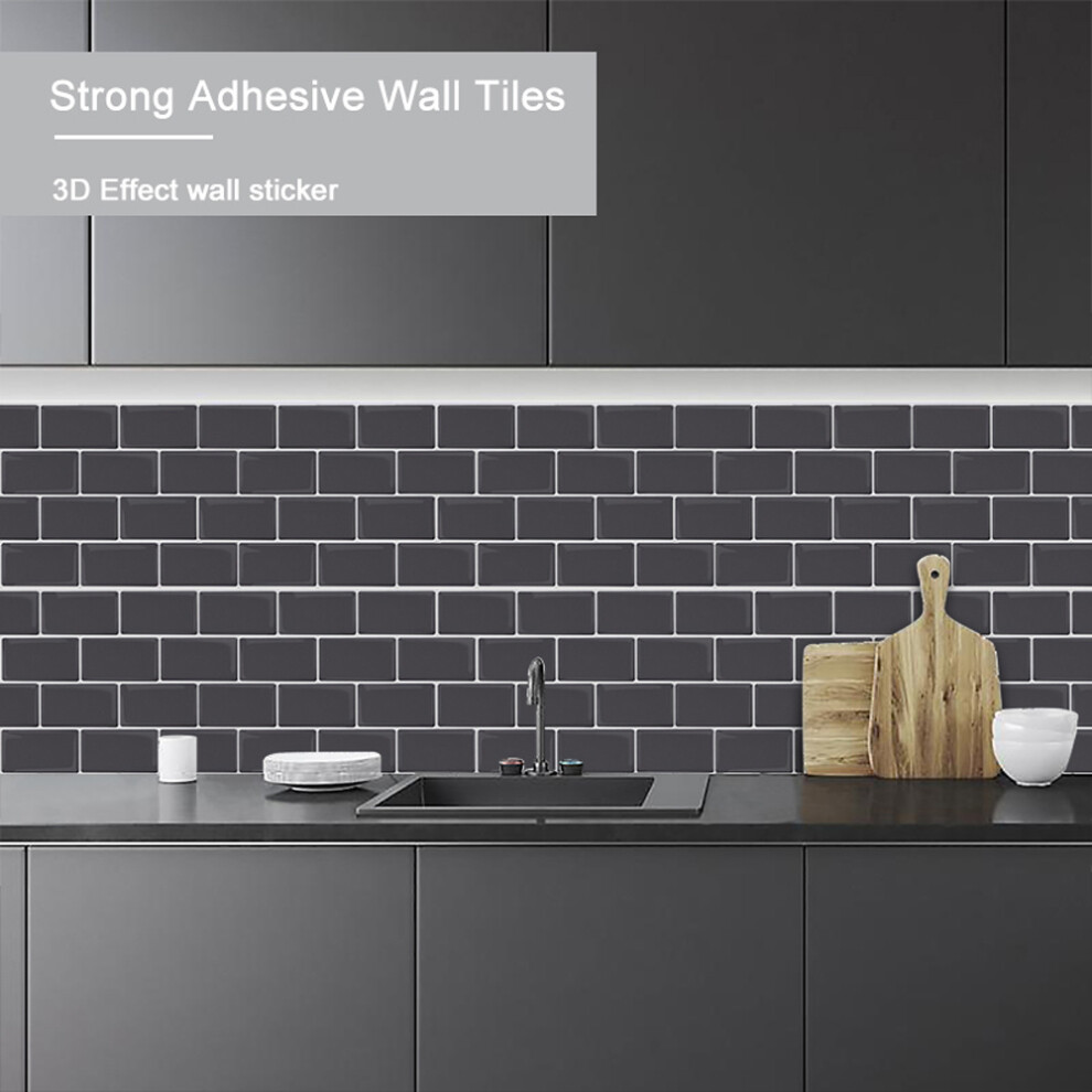 (Dark Grey) 10 Pcs Brick Shaped Peel and Stick Wall Tile Stickers 3D Effect Rectangle Heat- Resistant Waterproof Adhesive Tile Wallpaper, 1.2mm