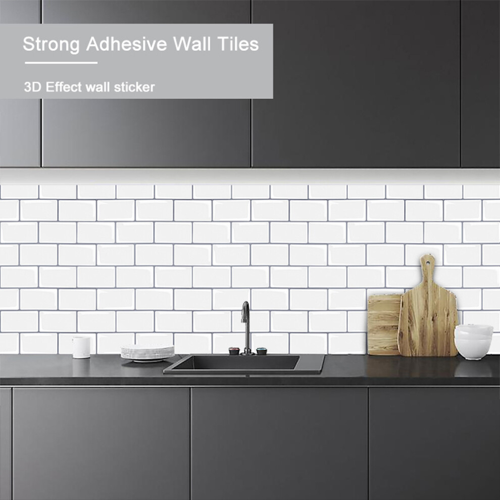 (White (Grey Frame)) 10 Pcs Brick Shaped Peel and Stick Wall Tile Stickers 3D Effect Rectangle Heat- Resistant Waterproof Adhesive Tile Wallpaper, 1.2mm