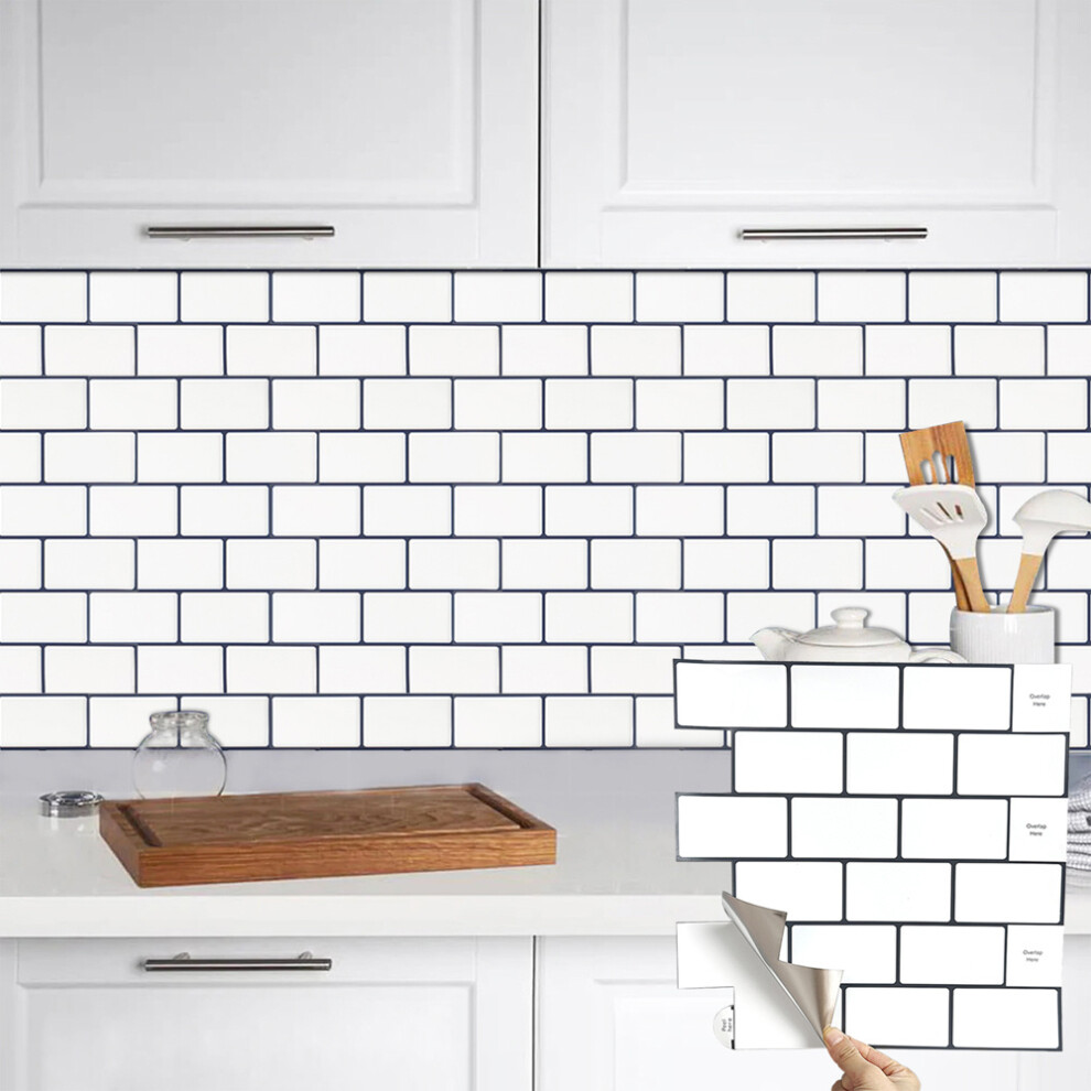 (White (Navy Blue Frame)) 10 Pcs Brick Shaped Peel and Stick Wall Tile Stickers