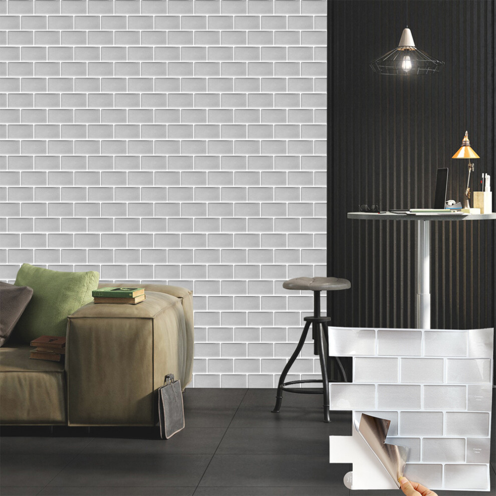 (Grey) 10 Pcs Brick Shaped Peel and Stick Wall Tile Stickers 3D Effect Rectangle Heat- Resistant Waterproof Adhesive Tile Wallpaper, 1.2mm