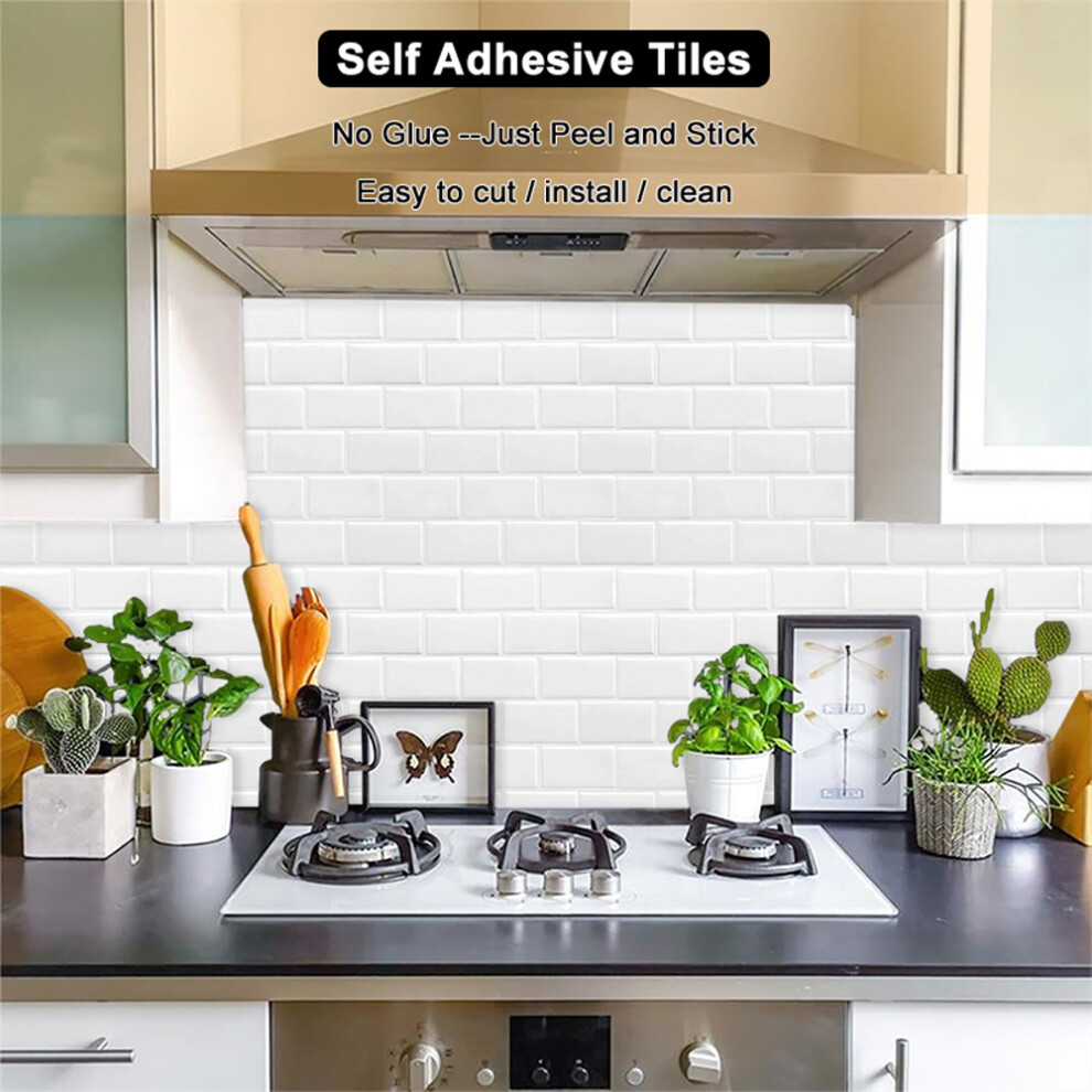 (White) 10 Pcs Brick Shaped Peel and Stick Wall Tile Stickers 3D Effect Rectangle Heat- Resistant Waterproof Adhesive Tile Wallpaper, 1.2mm