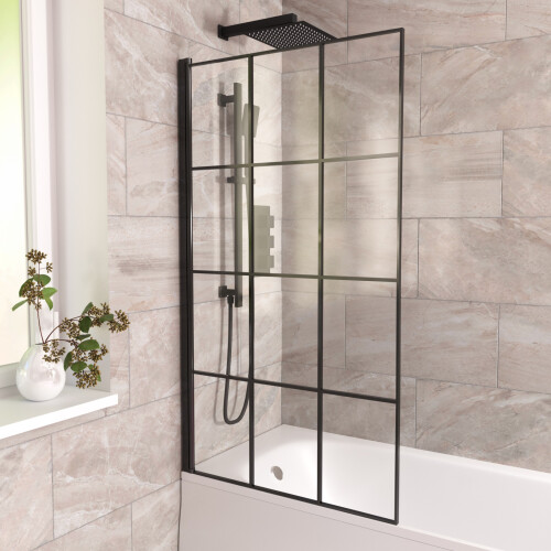 NES Home 800mm Square Bath Screen Black Profile With Grid Glass Reversible | Sheen