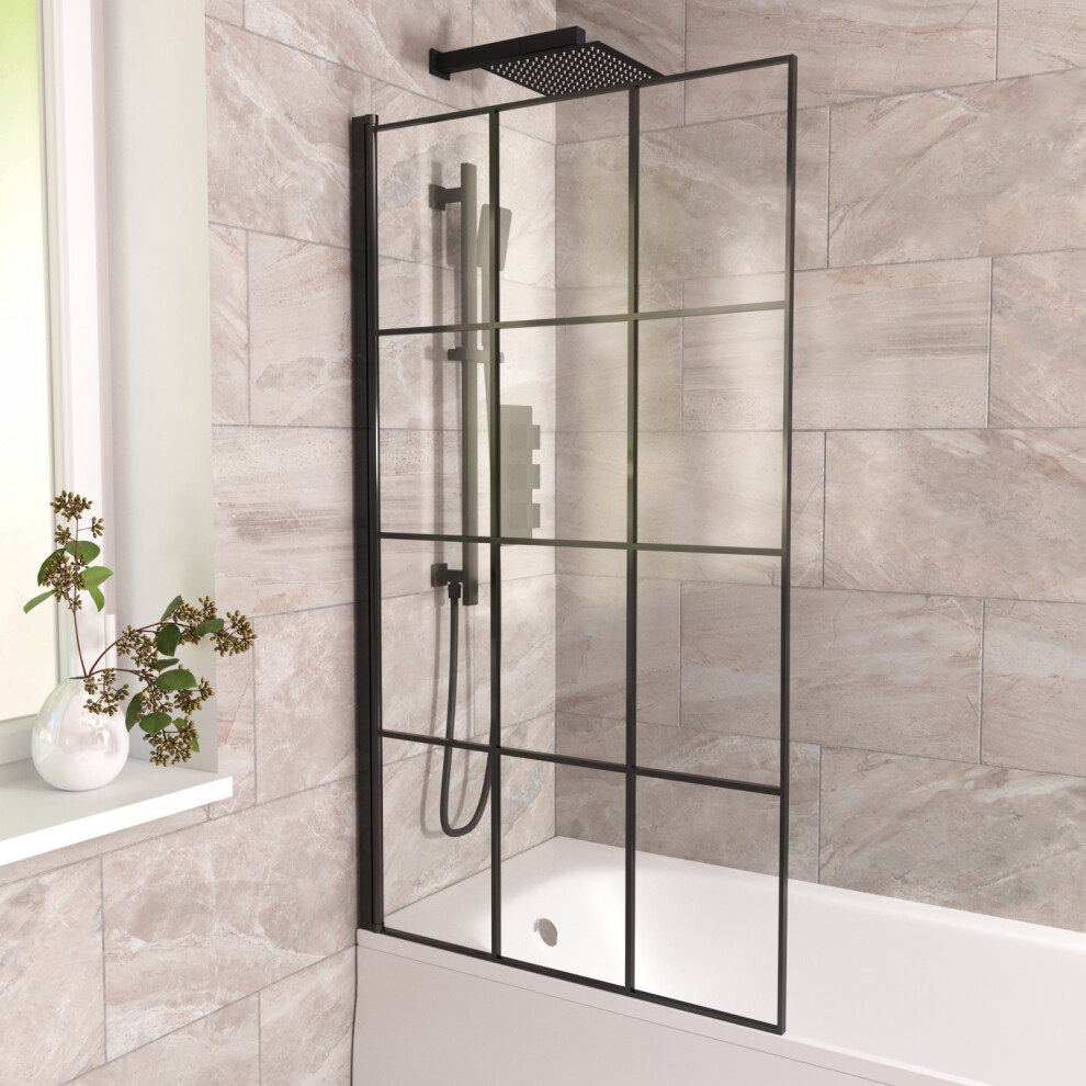 Nes Home 800Mm Square Bath Screen Black Profile With Grid Glass Reversible | Sheen