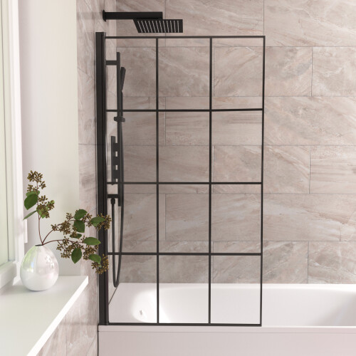 NES Home 800mm Square Bath Screen Black Profile With Grid Glass Reversible | Sheen 1