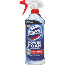 Power Foam Arctic Fresh Toilet & Bathroom Cleaner Spray upside down & eliminates 99.99% of germs cleaning inside toilet & around bathroom 450 ml