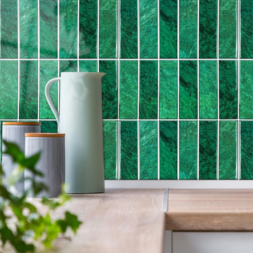 (02) 10Pcs Teal Color Green Stone Texture Waterproof Rectangular Wall Stickers Kitchen Bathroom Backsplash Heat-resistant Emerald Color Wall Tile Stickers