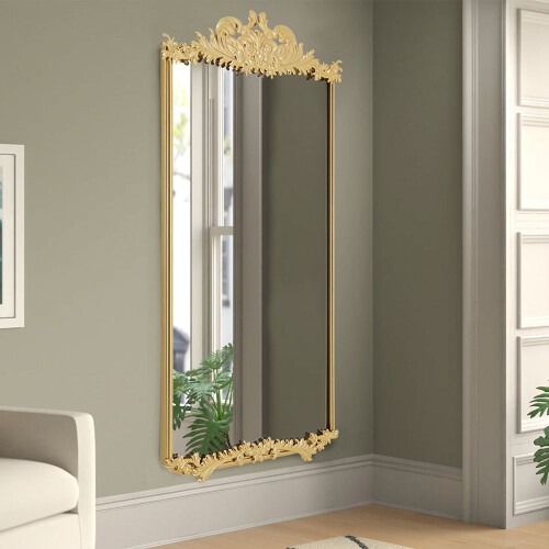 Living And Home 60cm W x 120cm H Golden Phoenix Tail Carved Rectangular Metal Frame Wall Mirror 1