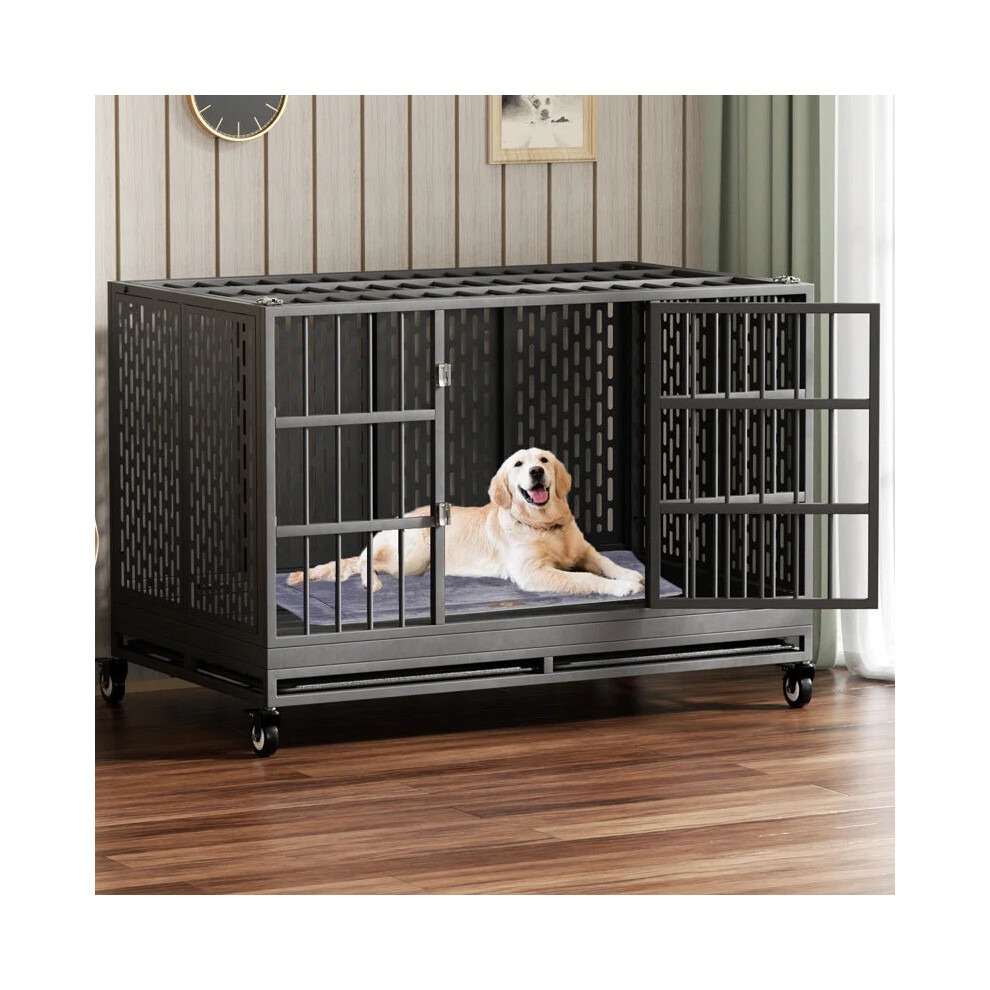 (Black) RERORD 48 Inch Heavy Duty Dog Crate with Wheels, Folding Metal Big Dog Cage Extra Large Dog Crate