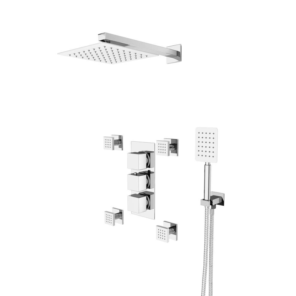 Nes Home Square 3 Way Concealed Shower Mixer Valve, 200 mm Shower Head, Wall Arm, Handheld, Body Jets Set Chrome