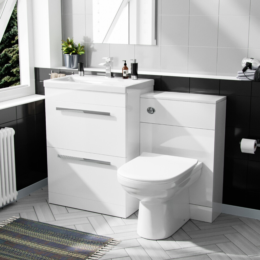 Nes Home 600Mm Floorstanding White 2 Drawer Vanity Basin Unit, Wc & Curved Btw Toilet
