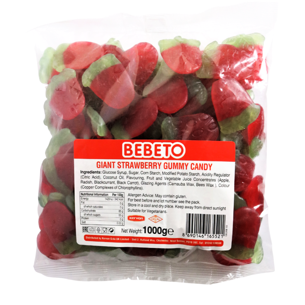 (Giant Strawberry VEGAN 1 KG Bag) Giant Strawberry, Rings Mix VEGAN RANGE 1 KG Bags Bebeto Halal Certified Sweets