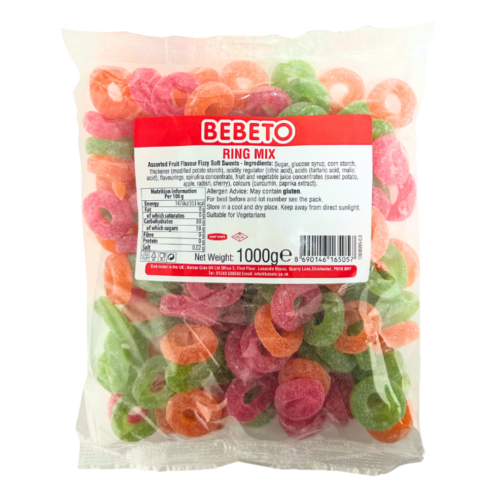 (Rings Mix VEGAN 1 KG Bag) Giant Strawberry, Rings Mix VEGAN RANGE 1 KG Bags Bebeto Halal Certified Sweets