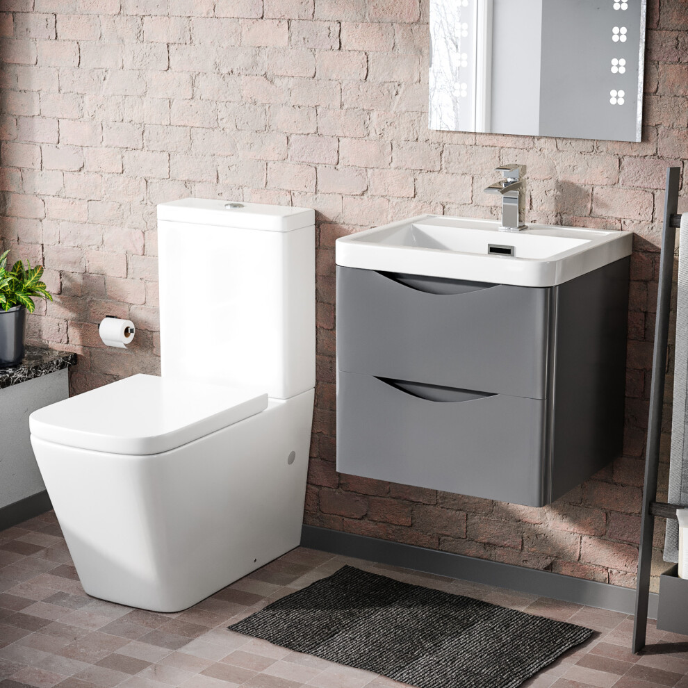 500mm Wall Hung Vanity Basin Unit & Rimless Close Coupled Toilet Steel Grey